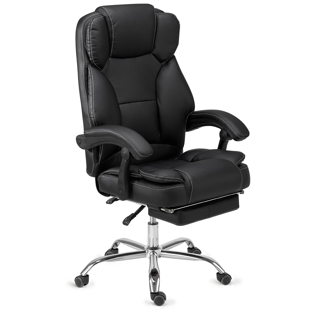 DEMO# Fauteuil de Bureau LINCON, Très Confortable, Ergonomique, Repose Pieds Extensible, Cuir Noir