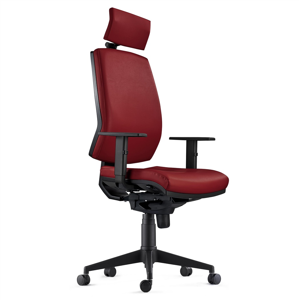 DEMO# Chaise Ergonomique OLIVER, en Cuir Authentique Bordeaux, Appui-tête, Utilisation 8 Heures, Rembourrage Epais