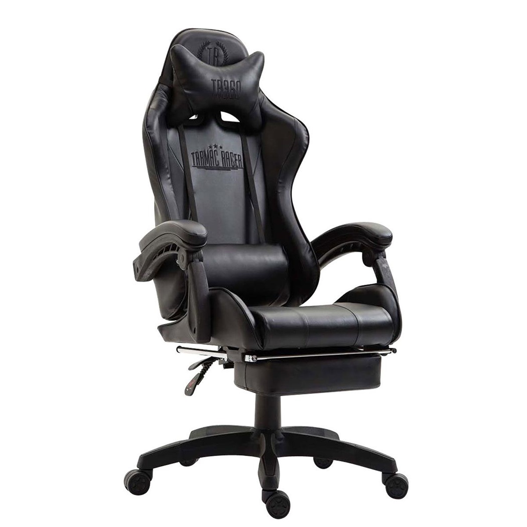 DEMO# Chaise Gaming LAUDA avec Repose-Pieds, Coussin Lombaire et Cervical, en Cuir, Noir