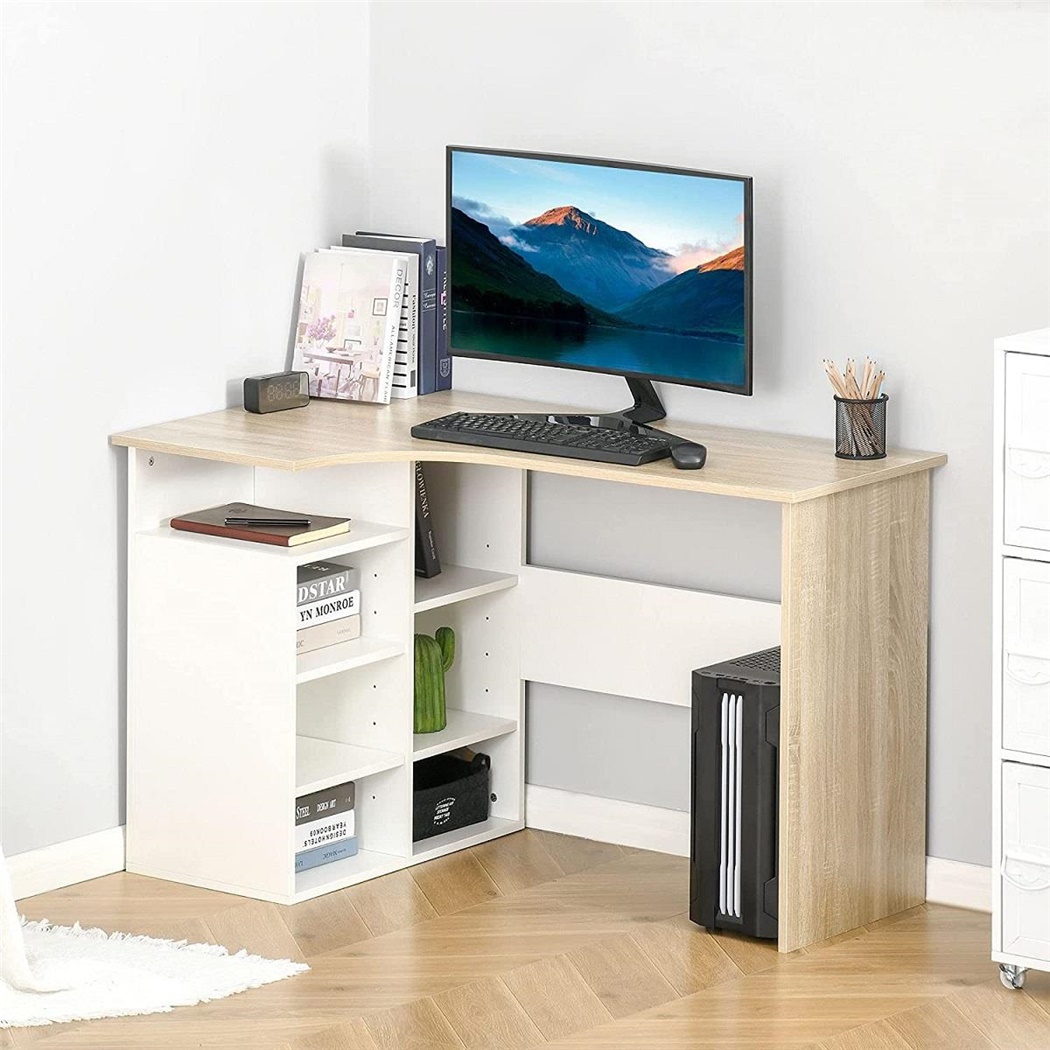 DEMO# Bureau informatique BOXON, 120x70x75 cm, avec Etagères, en Bois couleur Blanc et Chêne