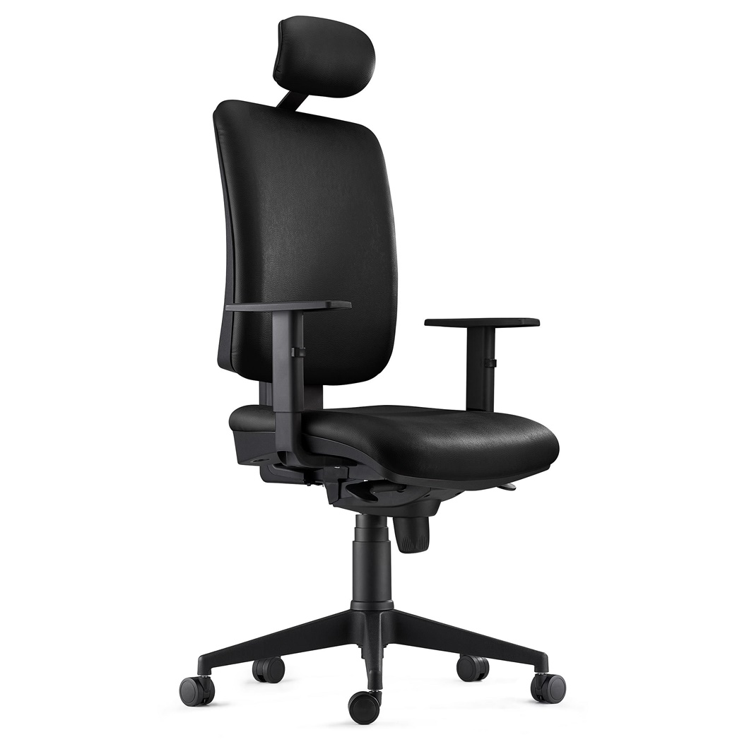 DEMO# Chaise ergonomique PIERO, Appui-tête et Accoudoirs Ajustables, en Cuir Authentique Noir