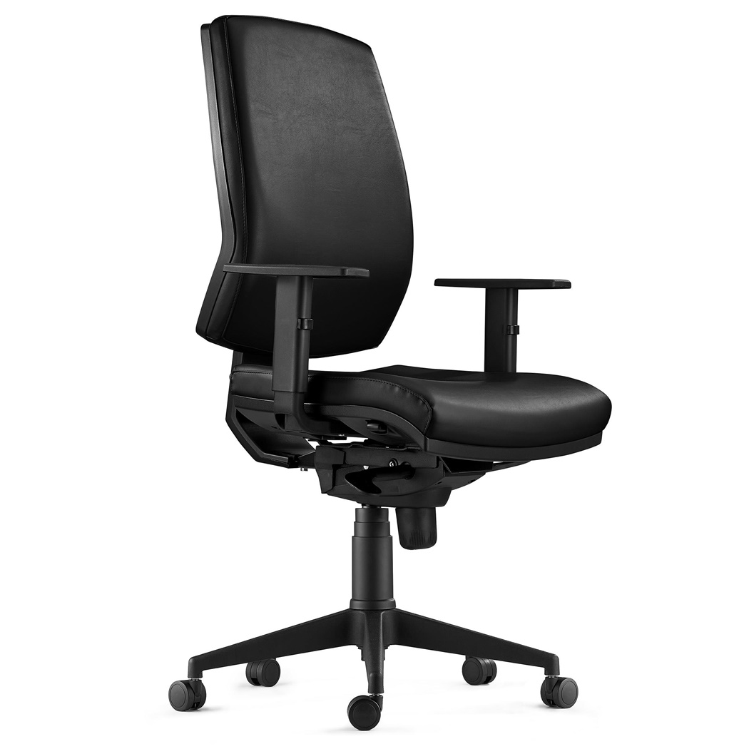 DEMO# Chaise Ergonomique OLIVER, en Cuir Noir, Utilisation 8 Heures, Rembourrage Epais