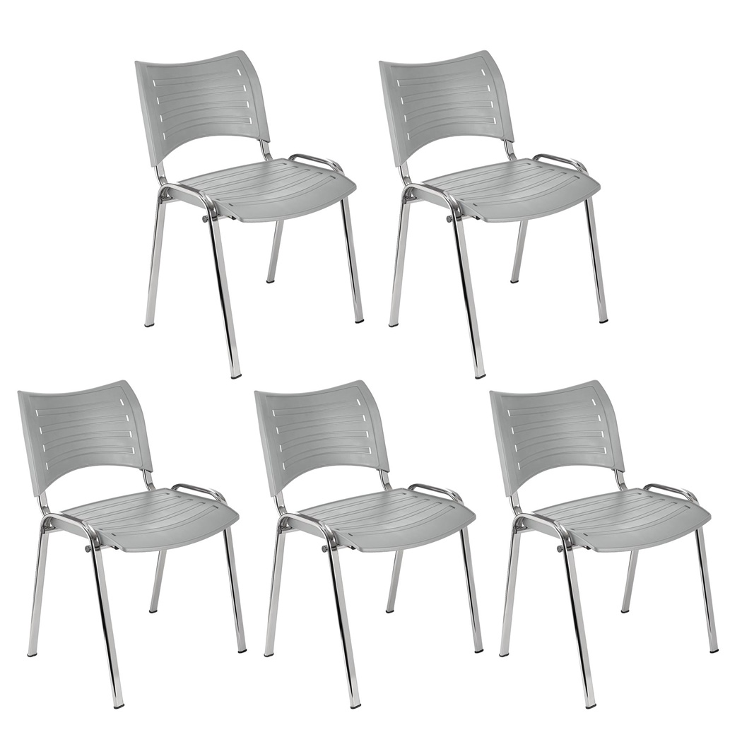 Lot de 5 Chaises visiteur ELVA, empilables et très pratiques, grande qualité, Gris et Piétement Chromé